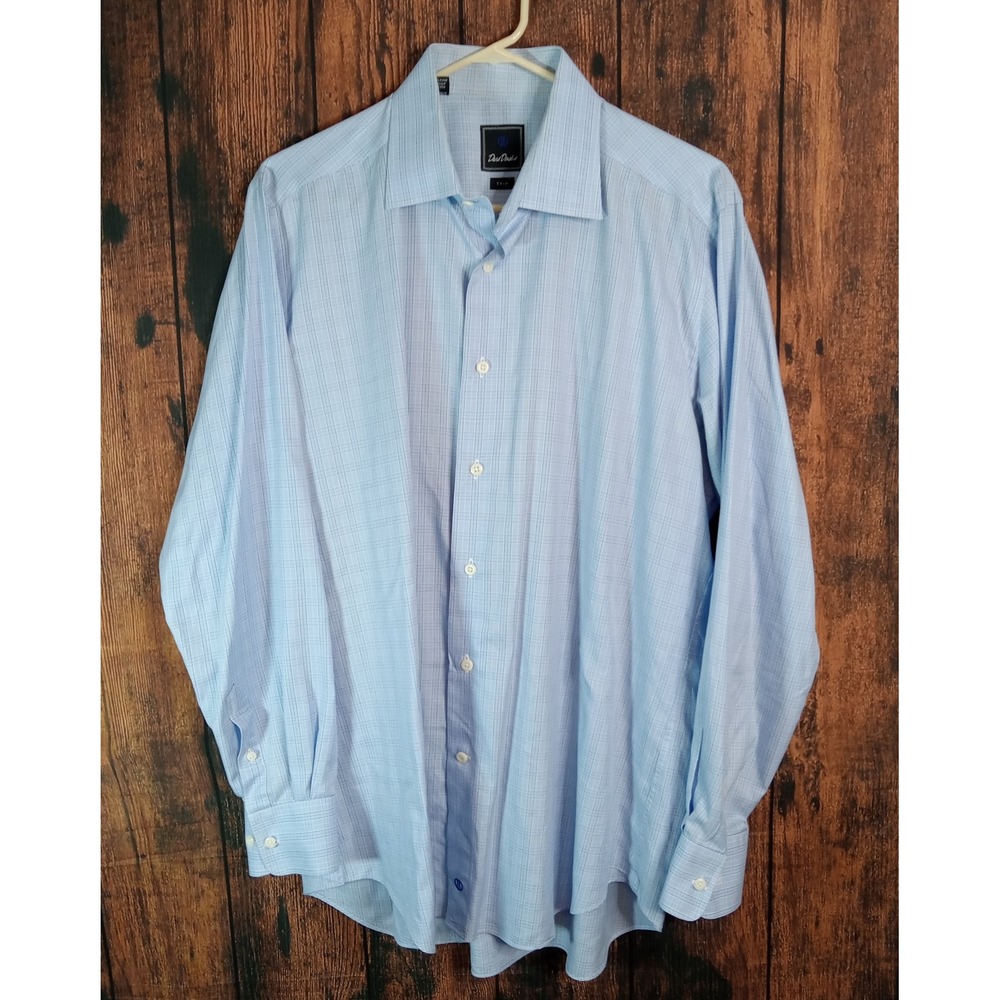 David Donahue Mens 17 34/35 Trim Fit Blue Glen Plaid Cotton Dress Shirt LS